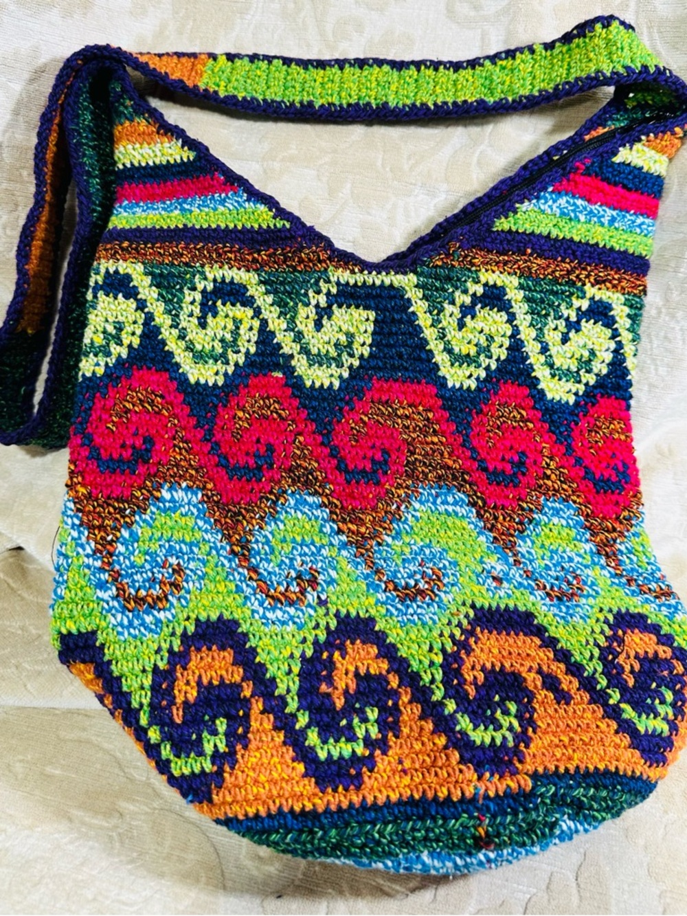 Handmade Tapestry Crochet Boho Crossbody Bag - Vibrant Spiral Mochila Style